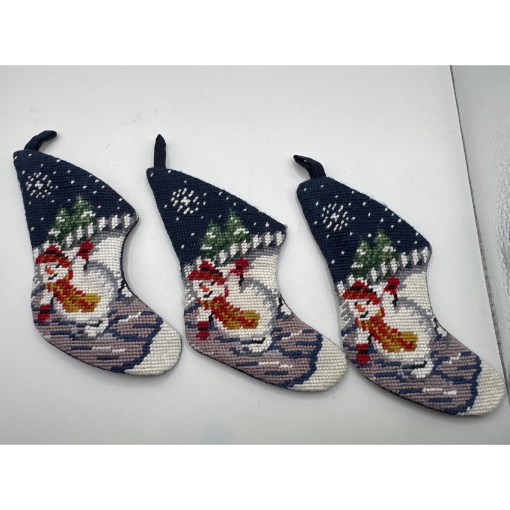 Mini Needlepoint Christmas Stockings Snowman Navy Blue 5.5 Inch Set of 3